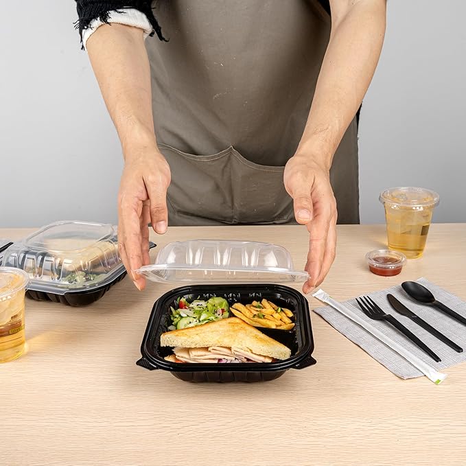 Restaurantware Thermo Tek 34 Ounce Clamshell Containers, 100 Disposable Take Out Boxes - 3 Compartments, Ventilated Lids, Black Plastic Meal Prep Containers, Microwavable, For Pasta Or Salads