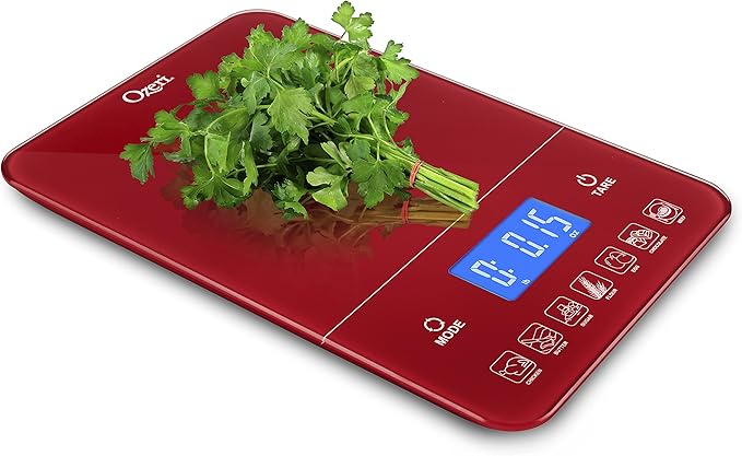 Ozeri Touch III 22 lb (10 kg) Digital Kitchen Scale with Calorie Counter in Tempered Glass, Red Engine