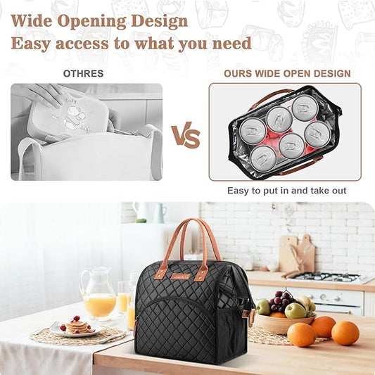 LOKASS Insulated Lunch Bag for Women & Men - Reusable 10 L Lunch Box for Women - Leakproof Tote Cooler Bag for Adults Work, Beach, Travel, Picnic (Black)