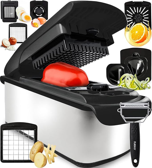Fullstar Vegetable Chopper and Spiralizer - Food Chopper with Container, Fruit Slicer, Kitchen Gadgets & Accessories, Home Essentials (9 in 1, Stainless Steel)