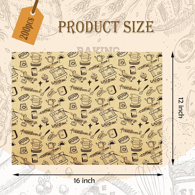 OTOPETE 200 Pcs Grease Resistant Food Wrapper Paper, 12"x16", Coffee Theme Gift Wrapping Paper, Large Size Tray Liner, for Home Kitchen Baking, Picnic, Party