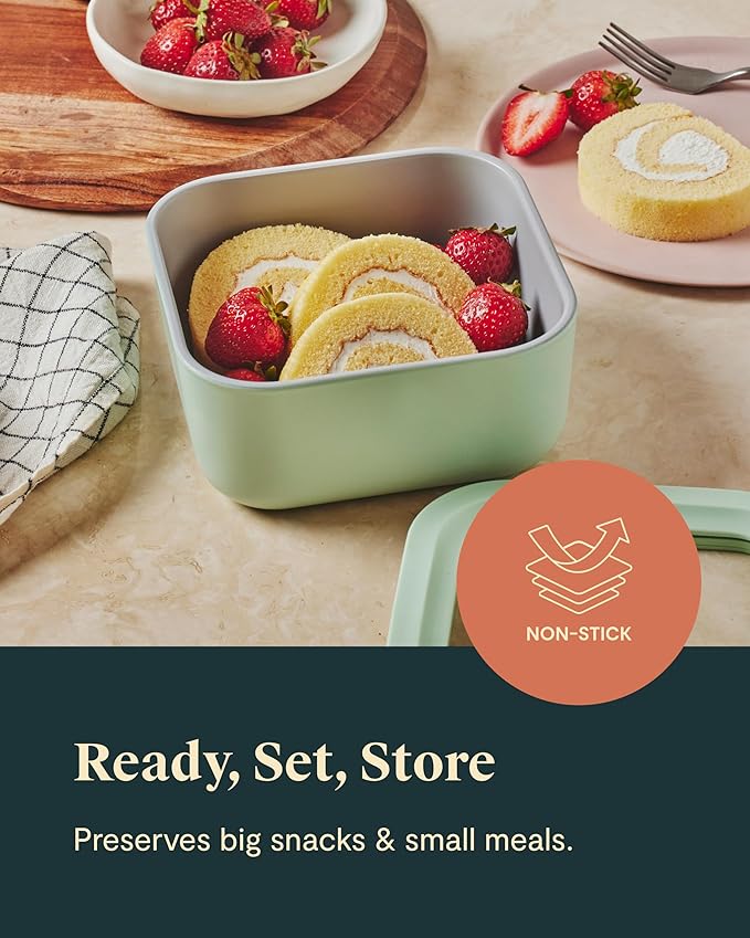 Caraway Glass Food Storage - 4.4 Cup Glass Container - Ceramic Coated - Easy to Store, Non Toxic, Non Stick Lunch Box Container with Glass Lids - Dishwasher, Oven, & Microwave Safe - Mist
