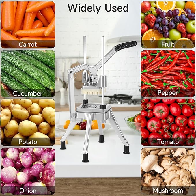 Commercial Vegetable Chopper, Stainless Steel French Fry Cutter Heavy Duty Potato Dicer Fruit Slicer for Restaurant Home Kitchen (1/2"+3/8"+1/4" Blades)