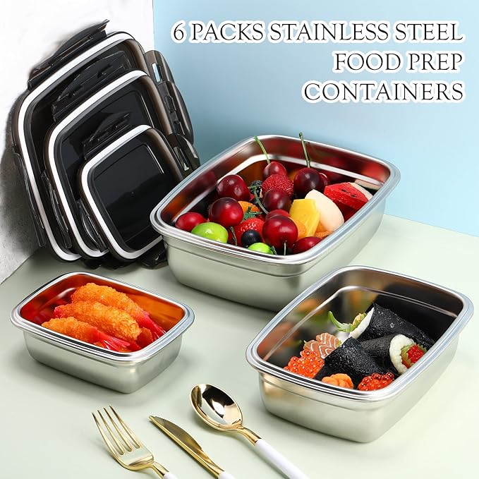Nuanchu 6 Packs Stainless Steel Food Storage Containers Airtight Metal Food Containers Meal Prep Container Leak Proof Stackable Bento Lunch Box with Lids for Kitchen Travel Picnic and Camping(Black)