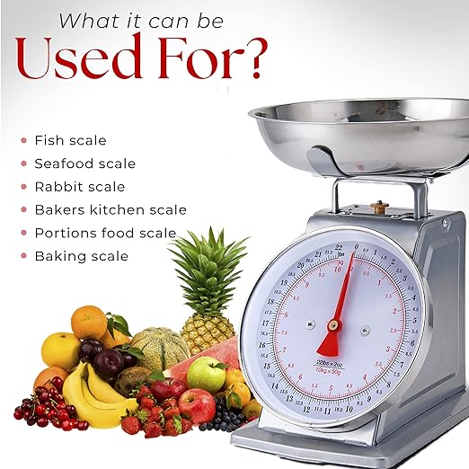 Alpine Cuisine Stainless Steel Analog Kitchen Scale Silver - Mechanical Weighing Food Scale Weighs Up to 22 Lbs, Analog- Measures Grams and Ounces