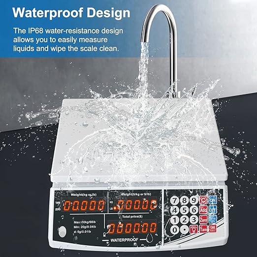 Waterproof Price Computing Scale IP68, 66lb Digital Commercial Food Meat Produce Weight Scale for Farmers Market, Seafood, Rechargeable, Washable, Not for Trade