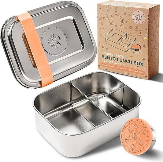 Everusely - Bento Box for Kids - Orange, 6.5x4.7 / 27oz - Stainless Steel Lunch Box w/Leakproof Condiment Container - 3 Compartment Snack Box for School, Office Meals - Freezer & Dishwasher Safe