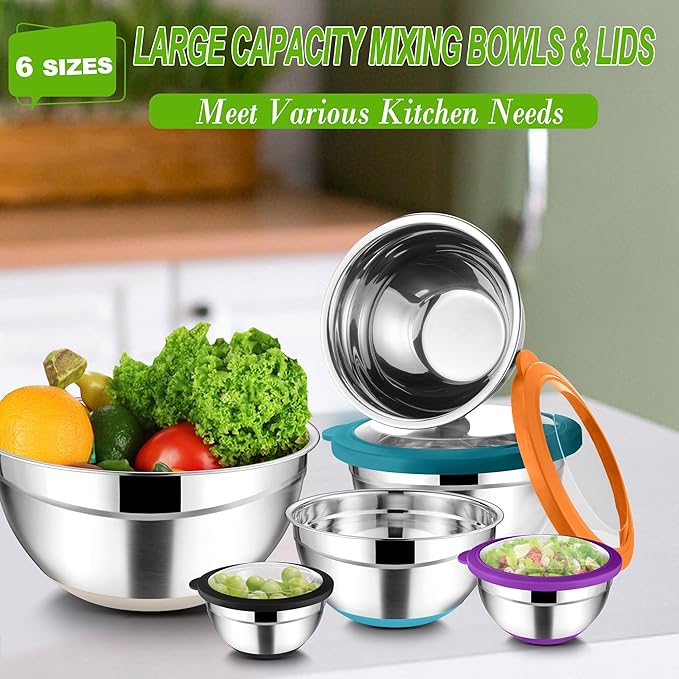 TeamFar Mixing Bowls with Lids, 4.6/3.5/2/1.5/1/0.7 QT Stainless Steel Nesting Salad Bowls with Airtight Lids, For Mixing Serving, Non-Toxic & Sturdy, Non-Slip & Visible, Multi-Color, Set of 6