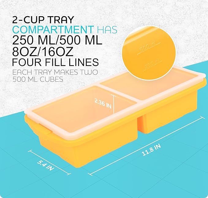 Silicone Freezer Tray With Lid-Soup Freezer Container molds-2-cup Extra Large Ice Cube Tray-makes 4 perfect 500ml portions cubes, For freezing soup,stews,sauces.Oven&Dishwasher-Safe(2-Pack)