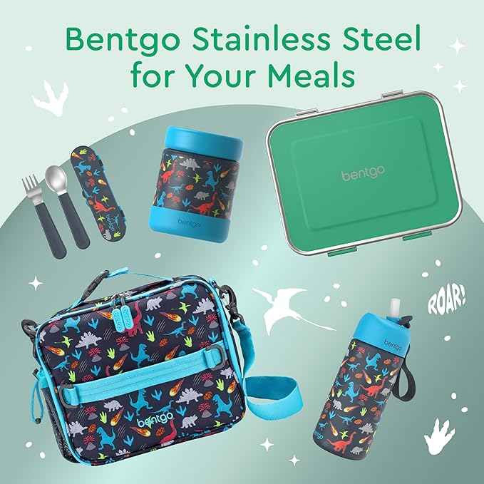 Bentgo Kids Stainless Steel Leak-Resistant Lunch Box - 3-Compartments with Bonus Silicone Container, Durable, Eco-Friendly, Dishwasher Safe, BPA-Free, Ideal for School, Ages 3+ (Green)