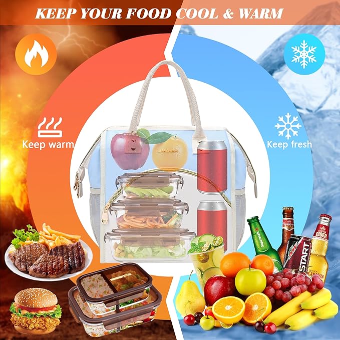 LOKASS Lunch Bag Women Insulated Lunch Box, Wide-Open Lunch Tote Bag Leak-proof Cooler Bag for Work Picnic-（Sky Blue）
