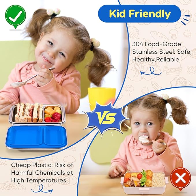 Stainless Steel Bento Box Adult 3 Compartments Lunch Box with Lid Stainless Steel Kids Leak Resistant Bento Lunch Box with Bonus Silicone Container Dishwasher-Safe for School Picnics Travel
