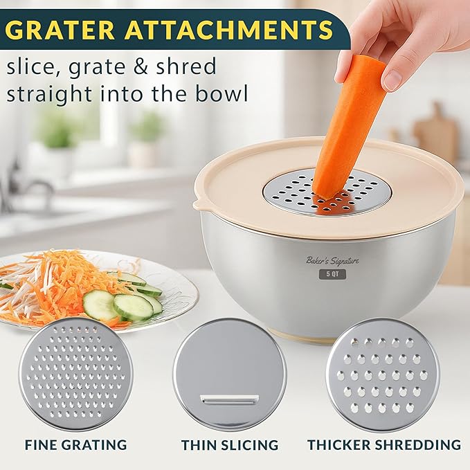 Stainless Steel Mixing Bowls with Lids Set, 5 Sizes, 3 Graters, Non-Slip Base, Airtight Lids, Metal Mixing Bowls for Kitchen, Food Prep, Storage, 0.63QT-5QT, Khaki