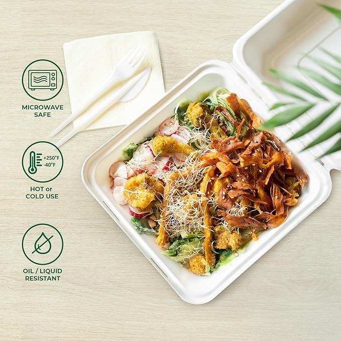Freshware Clamshell Take Out Food Containers with Lids [9x9 200-Pack] Disposable To Go Containers, Biodegradable Sugarcane To Go Boxes - Paper Food Container - Microwave & Freezer Safe, Stackable