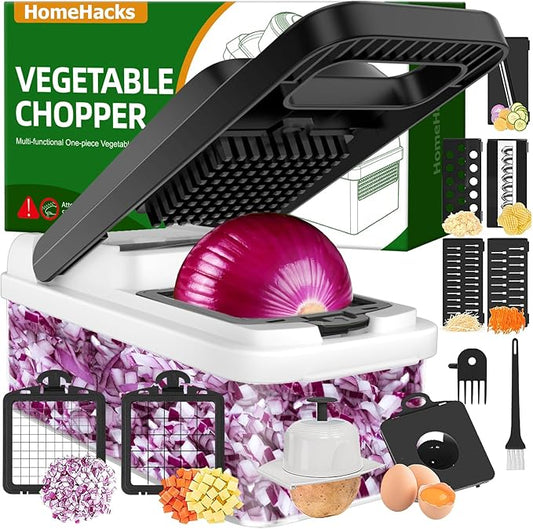HomeHacks Vegetable Chopper Vegetable Cutter, 12 in 1 Kitchen Gadget, Dicer, Slicer, Onion Cutter, Salad, Cheese Grater & Egg Separator - Multi-Functional Veggie Chopper Lid with Handle (White)