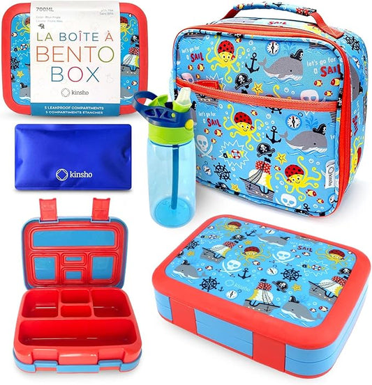 Bento Box with Insulated Lunch Bag, Ice Pack & Water Bottle Set for Kids - 5 Compartments Removable Tray Lunches or Snack Container Boys Toddlers Daycare Pre-School, Blue Pirates