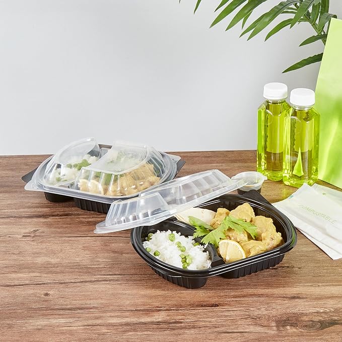 RW Base 28 Ounce Meal Prep Containers, 100 Microwavable To Go Containers With Lids - 2 Compartments, Disposable, Black Plastic Oval Food Containers, For Hot And Cold Food, Freezable - Restaurantware
