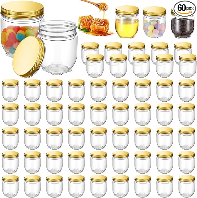 Tanlade 60 Pcs 4 oz Clear Plastic Wide Mouth Mason Jars with Lids Small Honey Jar Mini Storage Containers Bulk for Herb Jelly Butter Wedding Favors Shower Party(Gold)