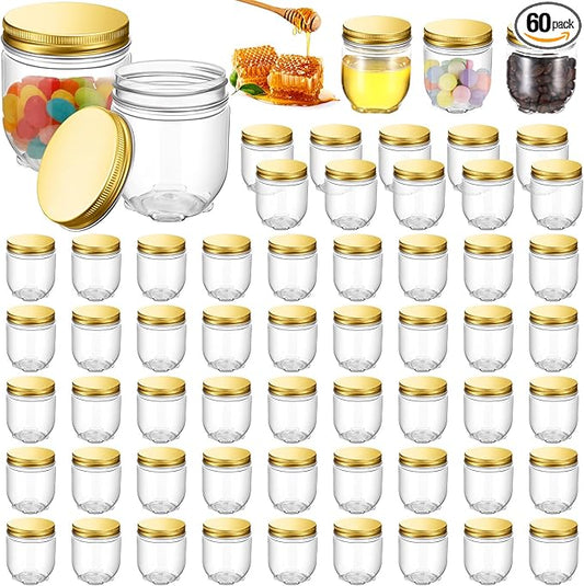 Tanlade 60 Pcs 4 oz Clear Plastic Wide Mouth Mason Jars with Lids Small Honey Jar Mini Storage Containers Bulk for Herb Jelly Butter Wedding Favors Shower Party(Gold)