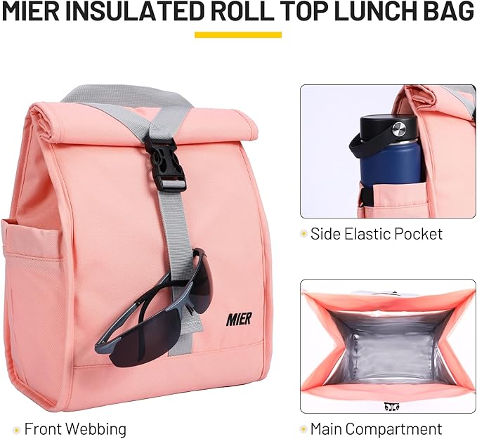 MIER Insulated Lunch Bag Roll Top Lunchbox for Women Men Adults Foldable Rolltop Lunch Tote with Shoulder Strap for Work Office Picnic, Water Bottle Holder, Pink