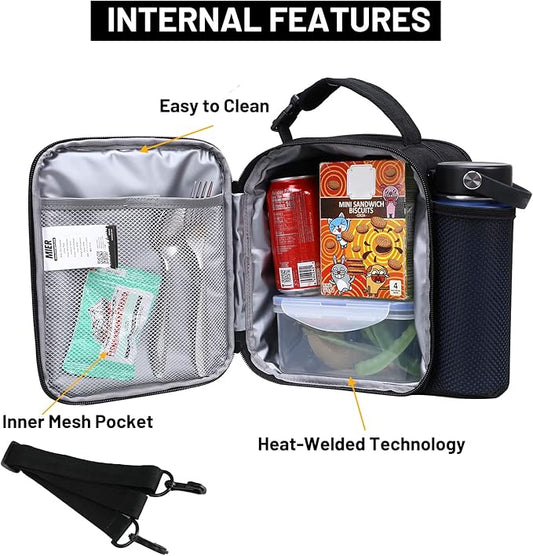 MIER Expandable Lunch Bag Insulated Lunch Box for Men to Work Travel Portable Lunchbox Bags with Shoulder Strap and Water Bottle Holder, Black