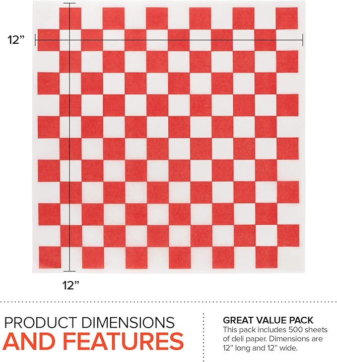 Deli Paper Sheets (500 Count) 12-Inch Red Checkered Square Sandwich Wrapping Paper Grease Resistant Perfect for Concession Stand, Carnival, Party, Fast Food, Cheese, Basket Liner and Food Packaging