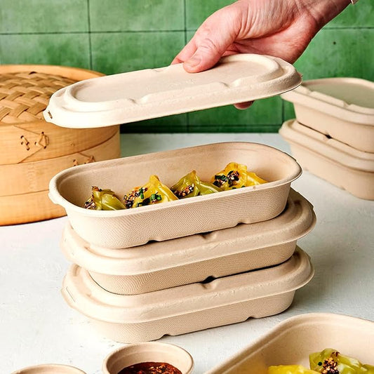Disposable 16oz Oval Food Containers with Lids Eco-Friendly Biodegradable Bamboo & Sugarcane, Sturdy & Leak Resistant, Freezer & Microwave Safe for Hot & Cold [400 Bowls + 400 Lids]