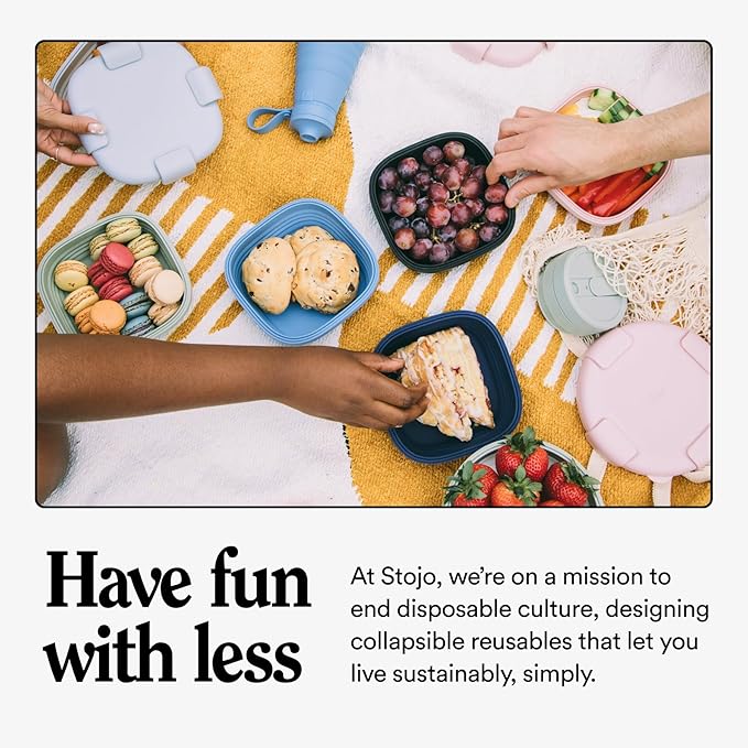 STOJO Collapsible Sandwich Box – 24oz, Reusable Food Storage Container, Silicone Bowl for Hot/Cold Food – Meal Prep, Lunch, Camping, Hiking – Dishwasher Safe (Set of 5, Denim)