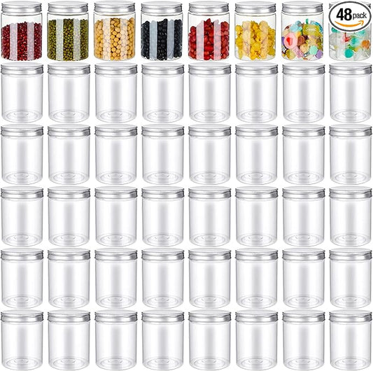 Aoriher 48 Pcs 8oz Plastic Mason Jars with Lids Round Clear Plastic Jars Containers Refillable Small Empty Storage Containers Food Canisters for Kitchen Storage(Silver)