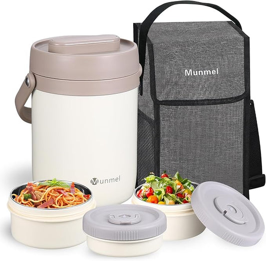 Adults Lunch Vacuum Soup Thermos For Hot Food with Inserts Stackable Bento Box Storage Container,Width Mouth Stainless Steel Portable Insulated Food Jar (white, 74 oz)
