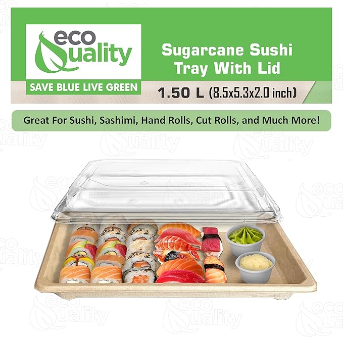EcoQuality X-Large Compostable Sushi Trays with Lids - Natural Sugarcane Bagasse Take Out Sushi Container - Biodegradable, Disposable Sushi Plate with Lid, Eco Friendly, To go, Serving Tray (300)