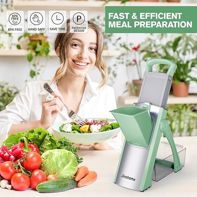 Upgrade Safe Mandoline Slicer Plus, Vegetable Potato Slice and Food Chopper Adjustable Thickness French Fries Cutter, Kitchen Chopping Artifact (Green)
