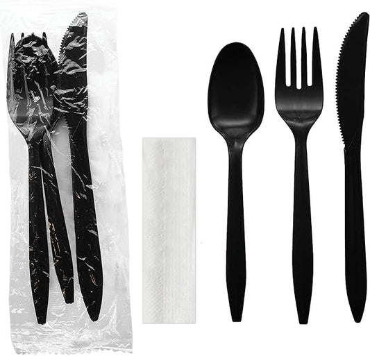 Party Essentials Individually Wrapped Plastic Cutlery Packets/Silverware Kits, Black Fork/Spoon/Knife/Napkin, 100 Sets