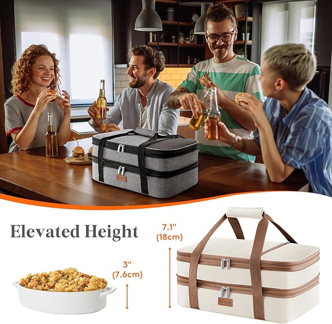 Lifewit Expandable Insulated Casserole Carrier for Hot or Cold Food, Double Decker Food Bag Lasagna Holder Carry Tote for Potluck Parties/Picnic/Cookouts, Fits 9"x13" Baking Dish, Cream