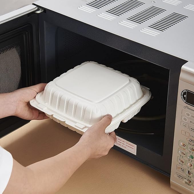FULING [8x8-Inch, 50 Pieces, 3-Compartment Disposable To Go Box Containers, Plastic Clamshell Takeout Food Trays, Microwave Safe, Cut Resistantstable Hinged Lid, Hybrid Polypropylene, White