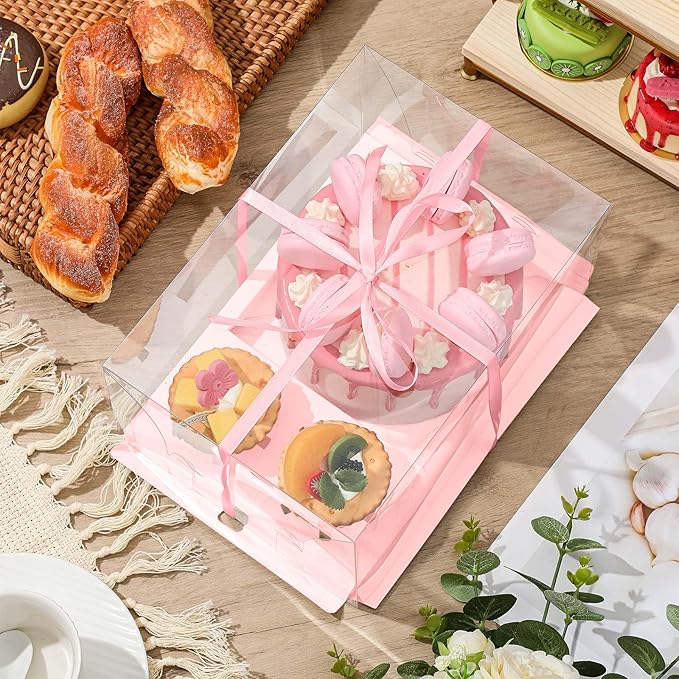 2 Pack Bento Cake and Cupcake Box Fit 2 Cupcakes and 1 Mini Cake for Mother's Day Easter Wedding Birthday Party Bakery Baking Supplies (Pink)