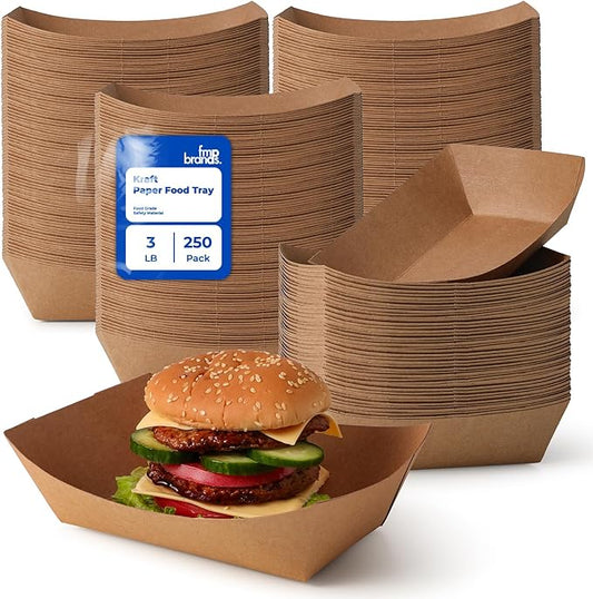 Fit Meal Prep [250 Pack 3 lb Paper Food Boats Heavy Duty Disposable Food Trays, Kraft Brown Nacho Tray for Parties Fairs Picnics Carnivals Holds Tacos Nachos Fries Hot Dogs Grease Resistant