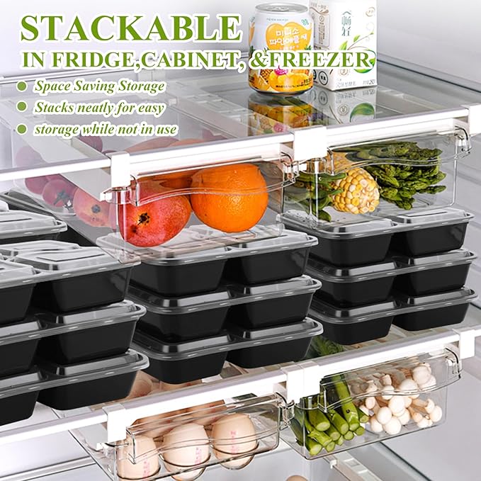50PCS Disposable Meal Prep Containers 3 Compartment Food Prep Containers with Lids 30oz Plastic Bento Box Lunch Containers Stackable Meal Prep Containers Bulk for Microwave, Freezer Safe