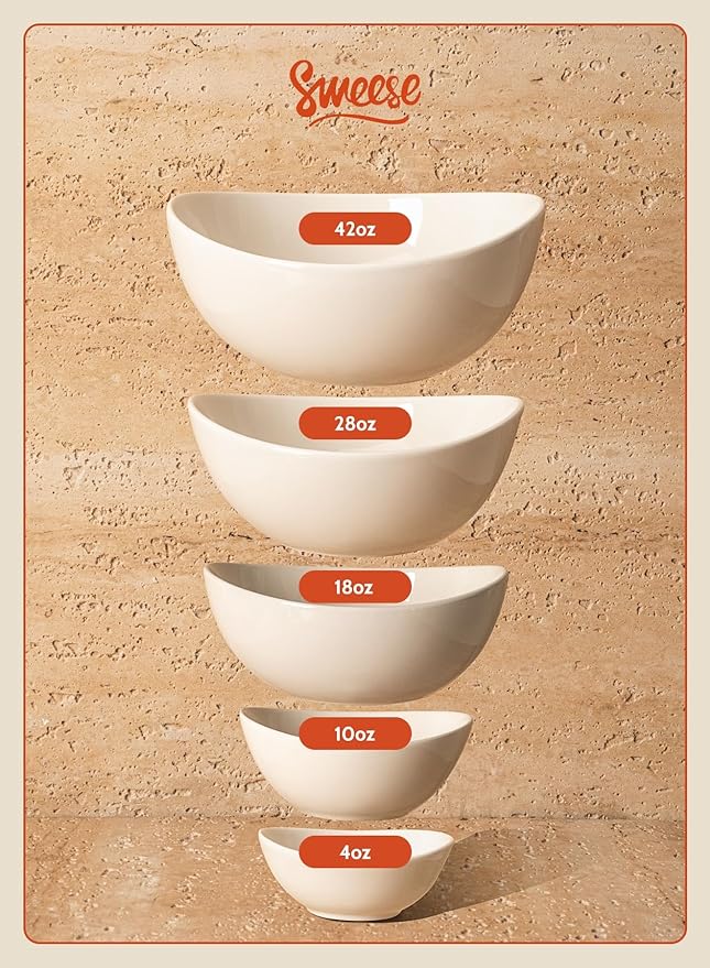 Sweese 7 Inch Porcelain 28 oz Bowls Set of 6, for Soup | Cereal | Pasta | Salad | Ramen | - Microwave, Dishwasher, and Oven Safe - White