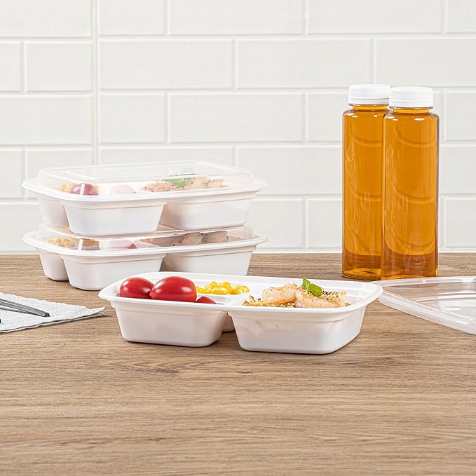 Restaurantware Asporto 26 Ounce Compartment Take Out Boxes, 50 Microwavable Meal Prep Containers - 3 Compartments, With Clear Plastic Lids, White Plastic Food Containers, Do Not Contain BPA