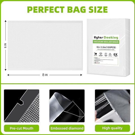 HytusCooking Pre-Cut Vacuum Sealer Bags,(150 Pack Pint 6" x 8") Commercial Grade for Sous Vide, Heavy Duty Food Storage Bags Meal Prep, Long-Lasting Food Storag and BPA-Free
