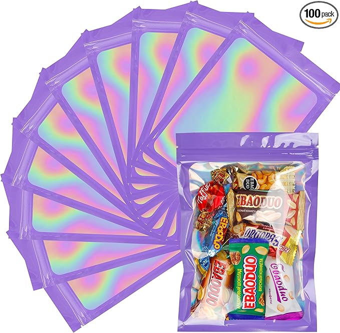100 Pcs Holographic Bags Purple Resealable Bags with Clear Window Mylar Bags for Food Storage Packaging for Small Business(5.5×8Inch)
