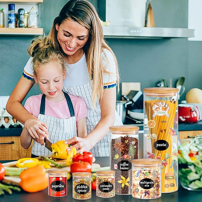 SLifeJars Glass Jars with Bamboo Lids 8pcs Mixed Sizes, Glass Food Storage Jars for Kitchen, Glass Storage Jars with Bamboo Lids, Stackable Food Storage Containers for Herbs, Rice, Pasta, etc.