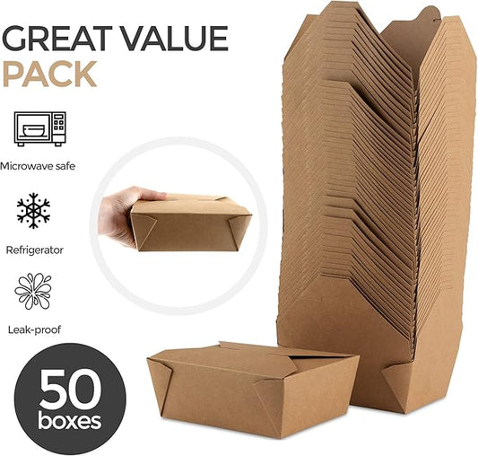 Take Out Food Containers Microwaveable Kraft Brown Take Out Boxes 45 oz (50 Pack) Leak and Grease Resistant Food Containers - Recyclable Lunch Box - To Go Containers for Restaurant, Catering and Party