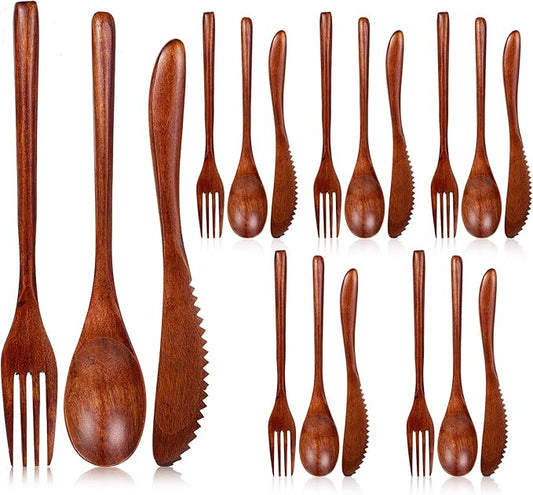 Molain Wooden Utensils for Eating - 18 Pcs Wooden Cutlery Set, Spoon Fork Knife Flatware Dinner Tableware Set, Eco-Friendly Wood Utensils for Kitchen and Travel