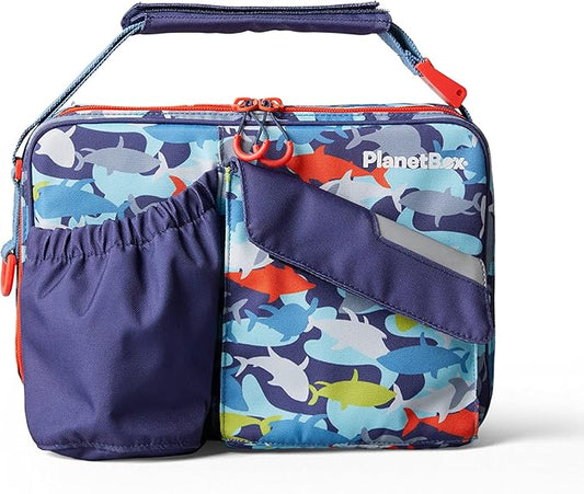 PlanetBox Insulated Lunch Bag Easy to clean and Durable Carry Bag with Pockets for Snacks and Drinks, and adjustable straps Camo Sharks