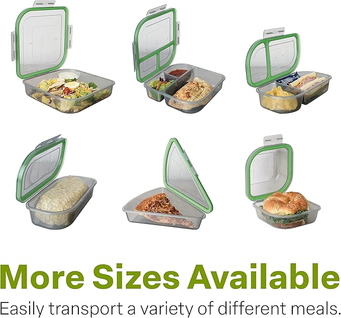 Large To-Go 3-Compartment Food Containers, Pack Of 3, 9-3/8" X 9-3/8" X 2-1/2", Reusable, Microwave Safe, NSF Certified, Smoke/Green