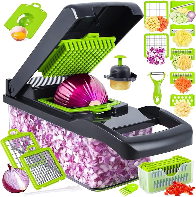Vegetable Chopper, Pro Onion Chopper, 16-in-1 Multifunctional Food Chopper and Slicer, with 8 Adjustable blades for Cutting Different Sizes and Shapes, Carrot Chopper with Container-Kitchen Essentials