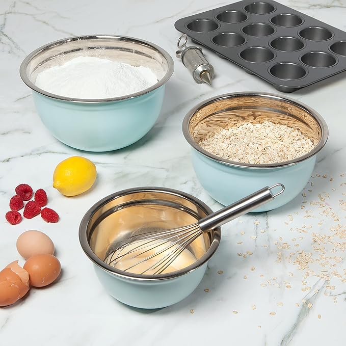 Now Designs Matte Coated Steel Mixing Bowls, Robins Egg Blue, 5 qt, 3 qt, 1.5qt, Set of 3