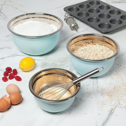 Now Designs Matte Coated Steel Mixing Bowls, Robins Egg Blue, 5 qt, 3 qt, 1.5qt, Set of 3